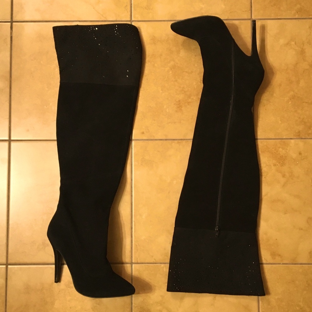 🔥 Sexy Black Brushed Velvet Above the Knee Stiletto Boots 🔥